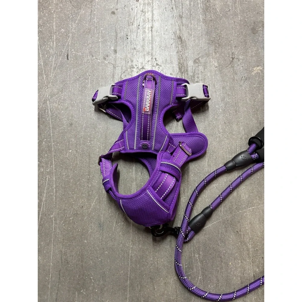 Barkbay Large Purple Dog Harness and Reflective Rope Leash Combo